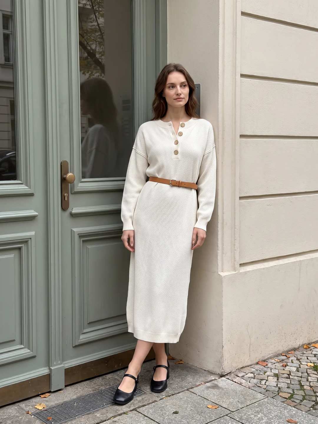 Rosie | Button Neck Knit Midi Dress, Long Sleeve Winter Jumper Dress