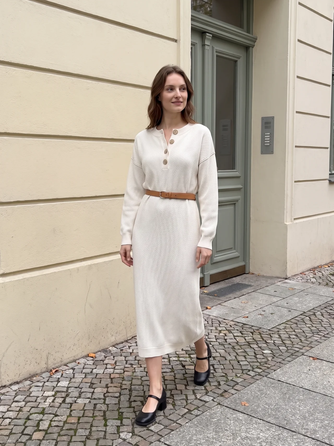 Rosie | Button Neck Knit Midi Dress, Long Sleeve Winter Jumper Dress