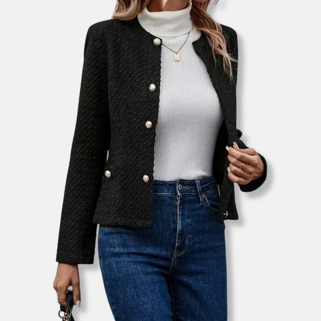 Women's Collarless Button-Front Jacket with Long Sleeves