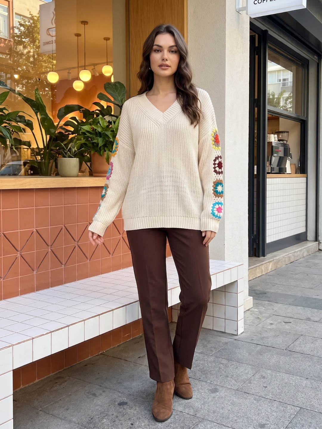 Olivia | Crochet Patchwork V-Neck Jumper, Oversized Autumn Winter Pullover