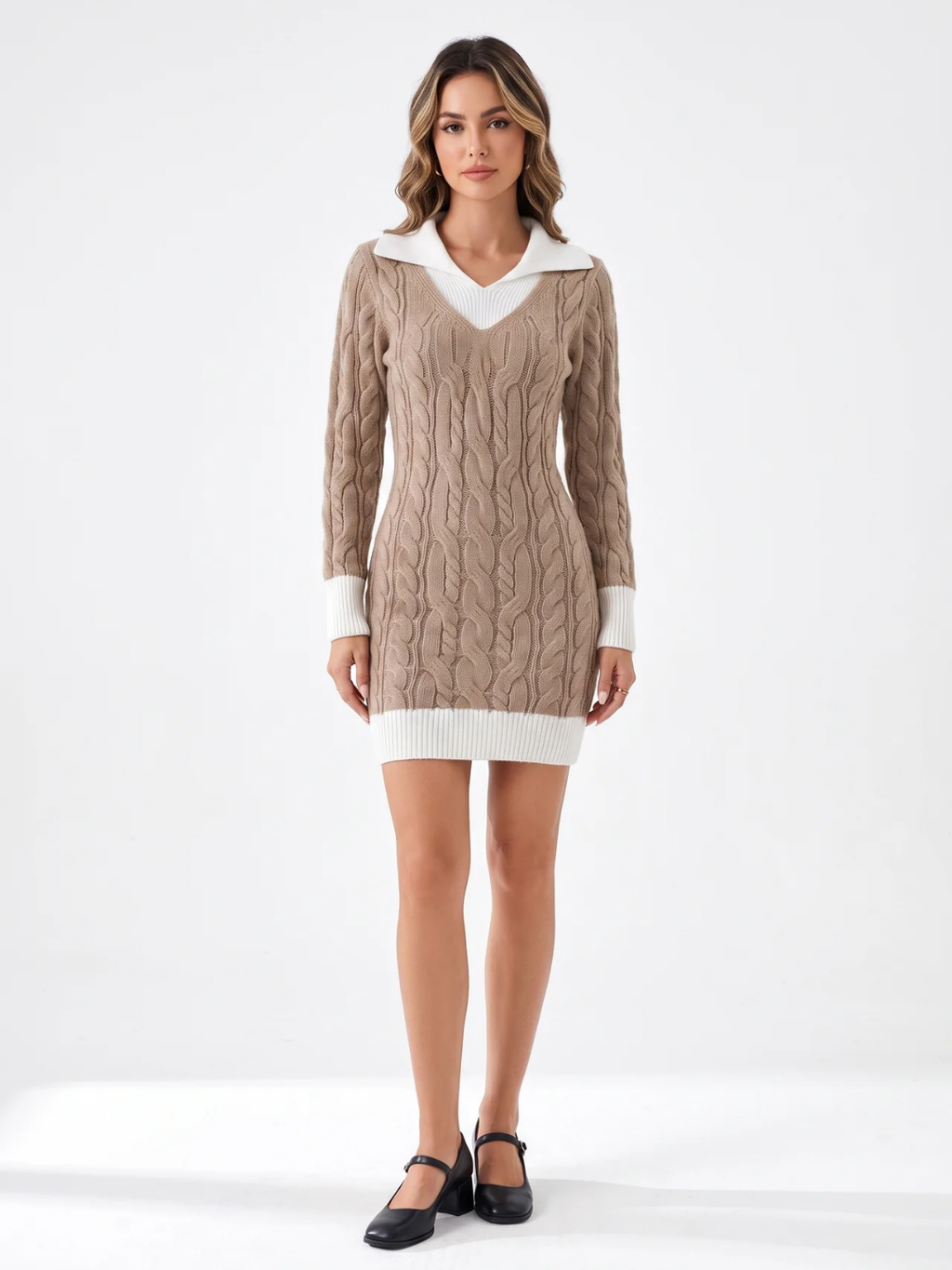 Elsie | Cable Knit Mini Jumper Dress, Contrast Collar Winter Dress