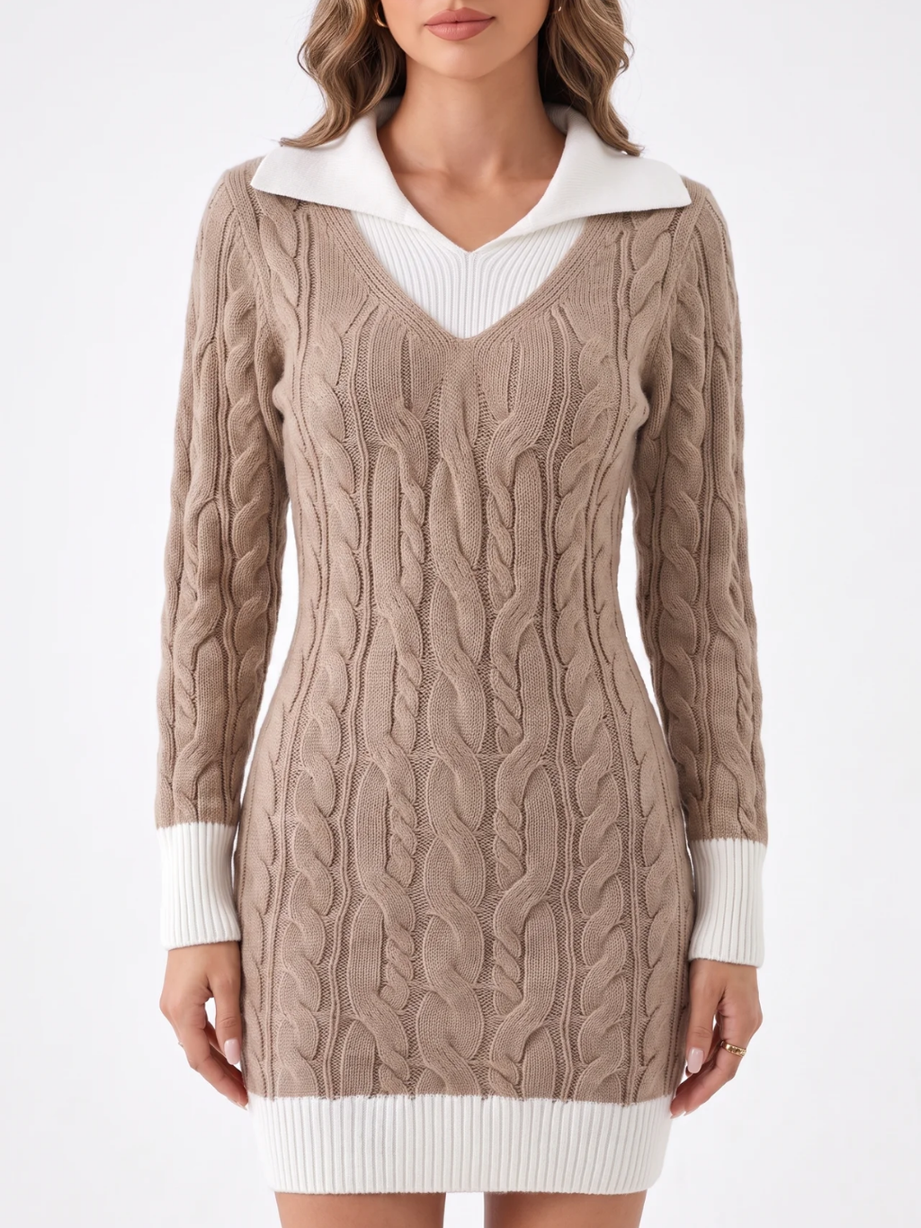 Elsie | Cable Knit Mini Jumper Dress, Contrast Collar Winter Dress