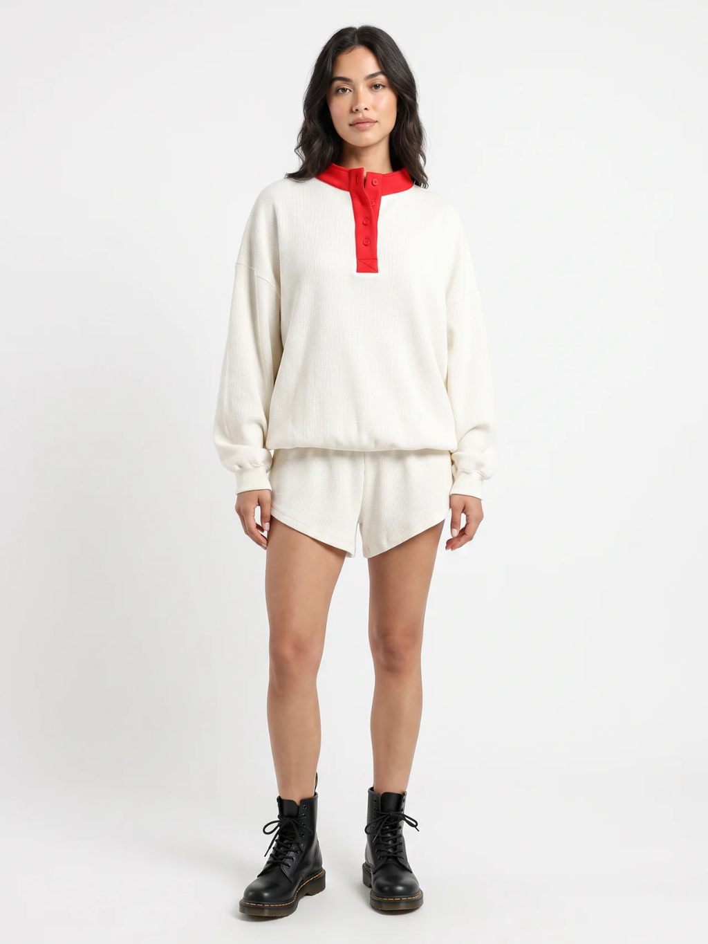 Fenella | Waffle Knit Henley Sweatshirt, Contrast Collar Oversized Top