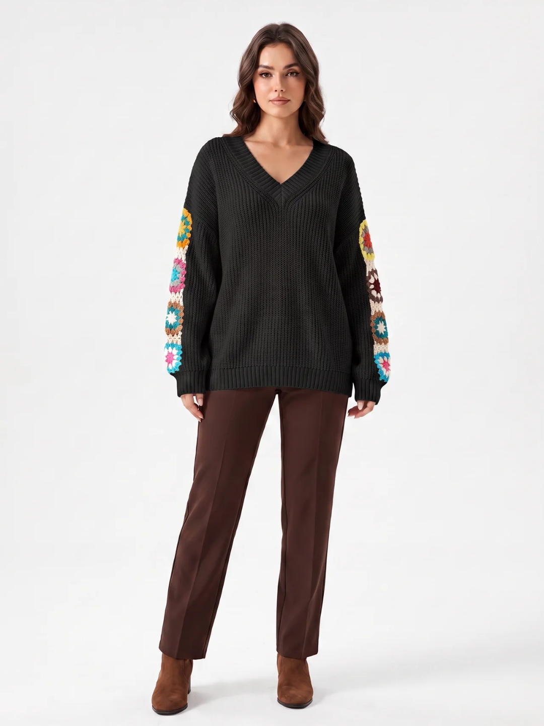 Olivia | Crochet Patchwork V-Neck Jumper, Oversized Autumn Winter Pullover