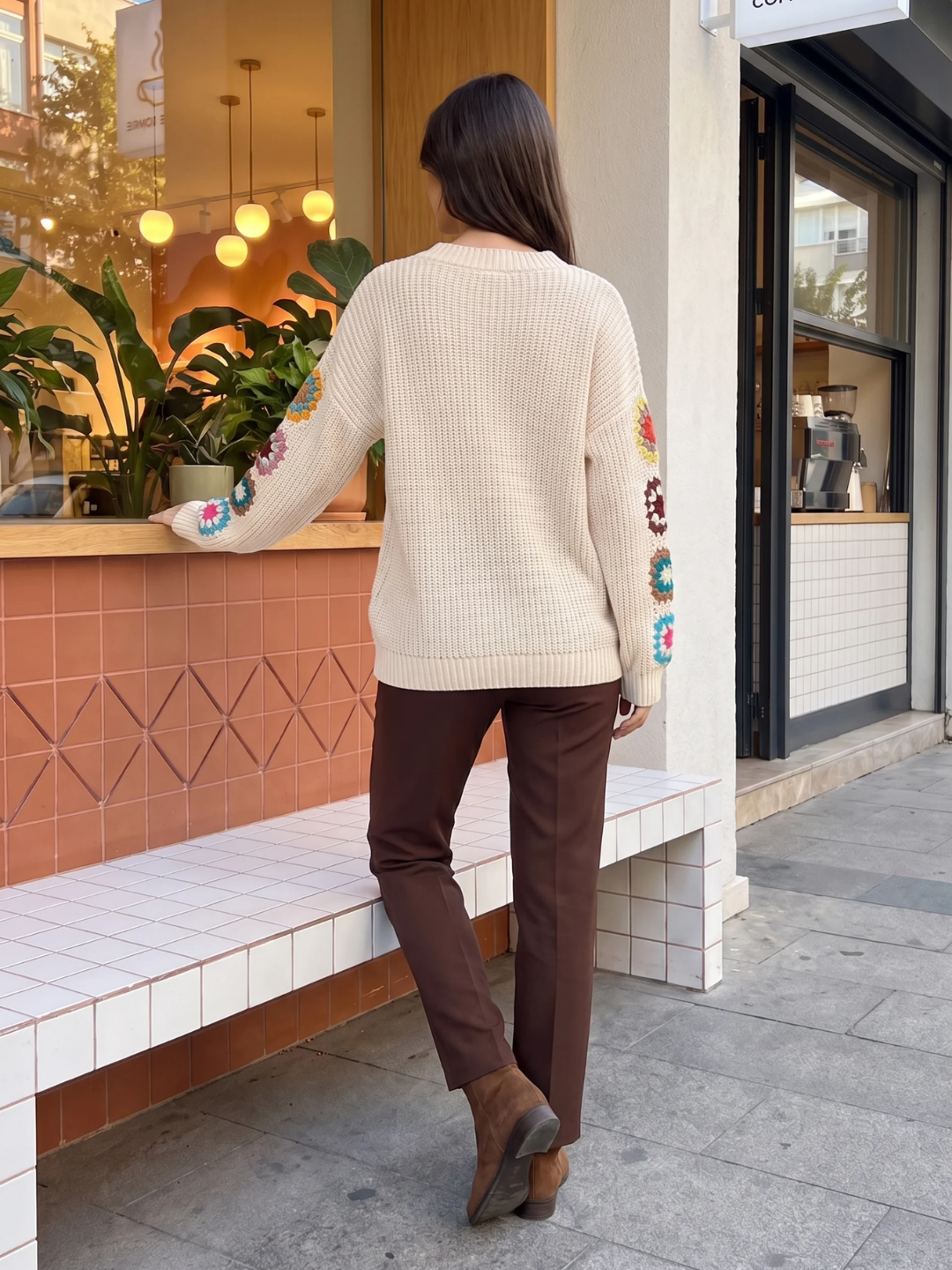 Olivia | Crochet Patchwork V-Neck Jumper, Oversized Autumn Winter Pullover