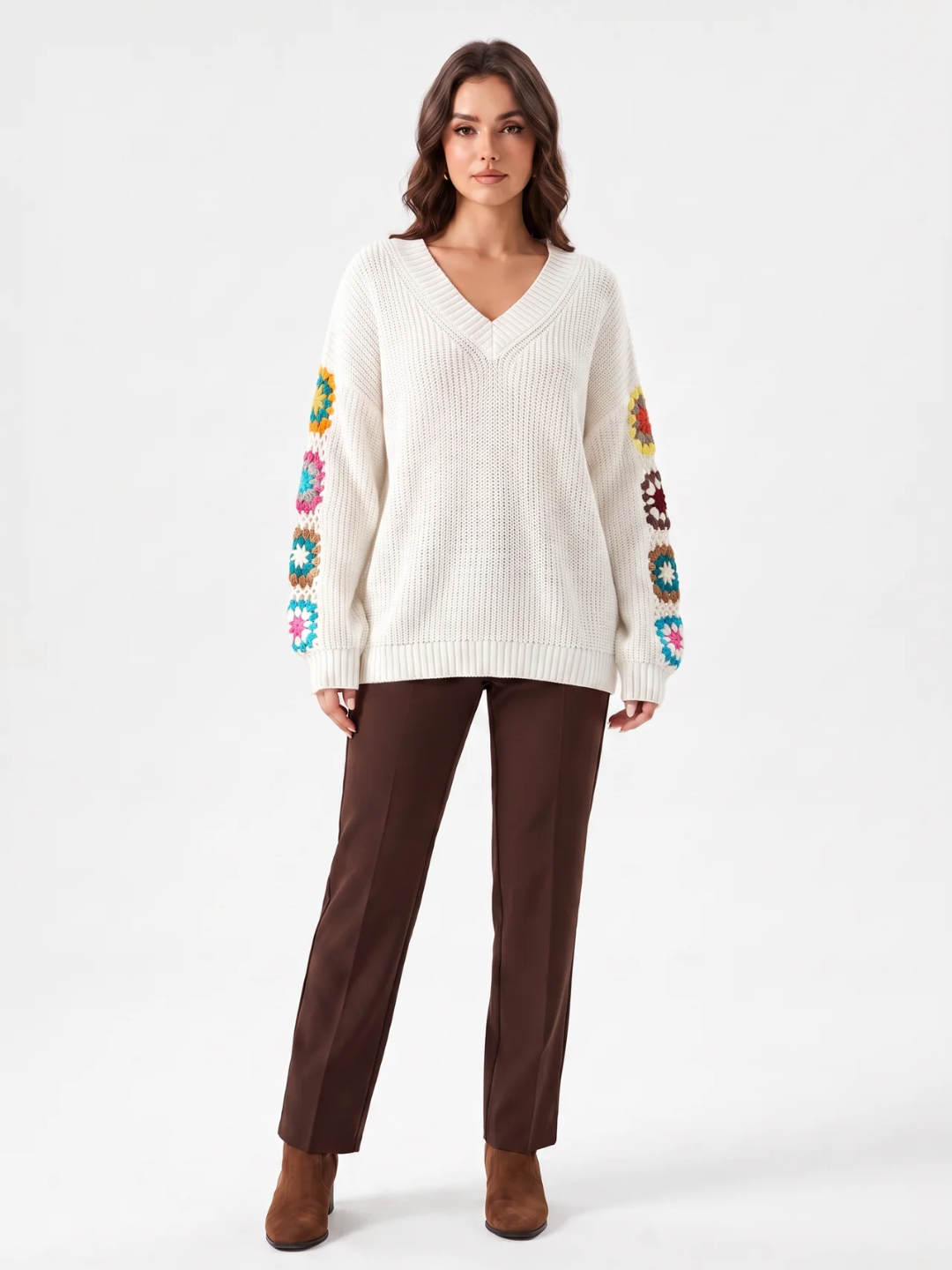 Olivia | Crochet Patchwork V-Neck Jumper, Oversized Autumn Winter Pullover