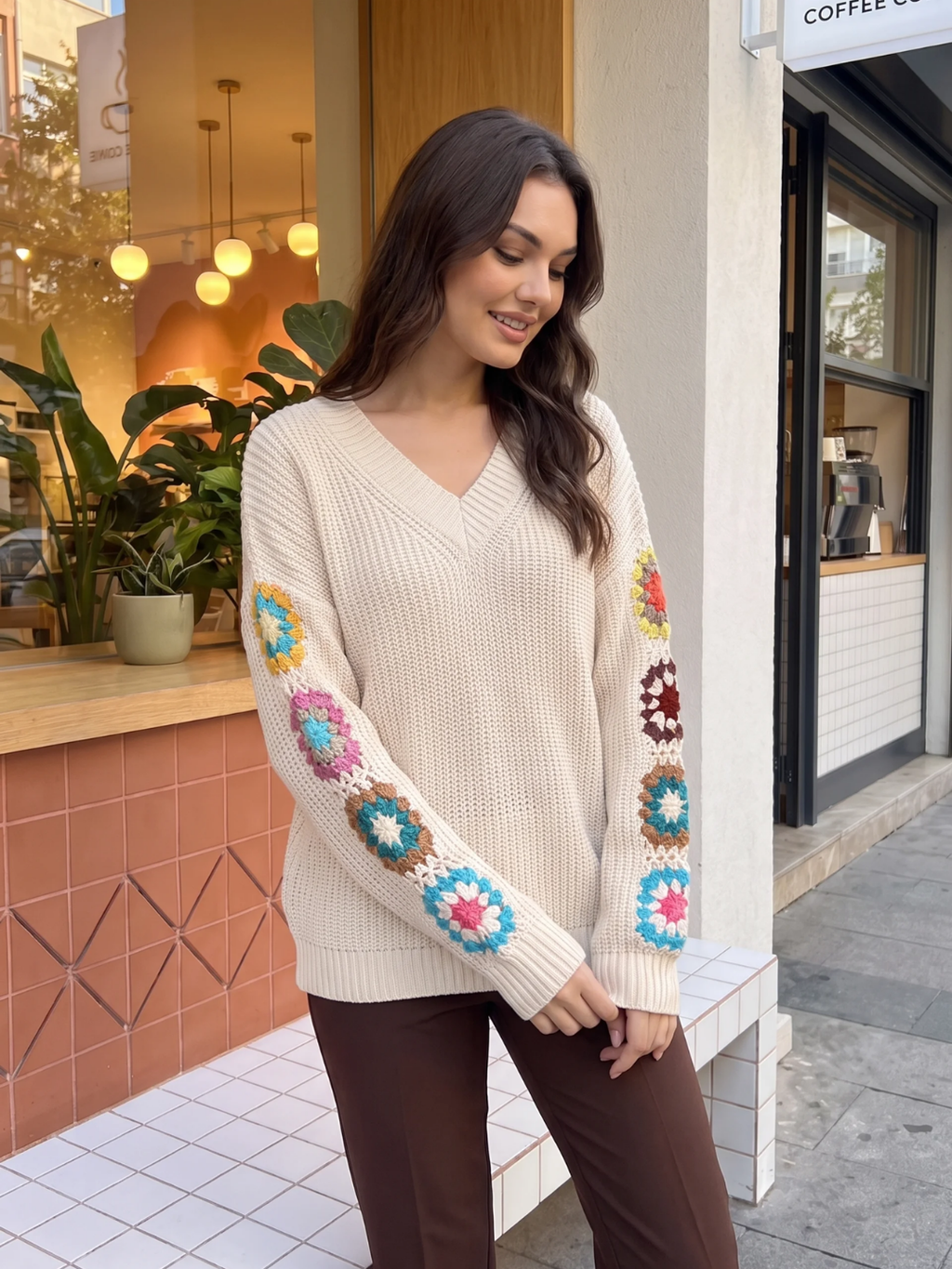 Olivia | Crochet Patchwork V-Neck Jumper, Oversized Autumn Winter Pullover