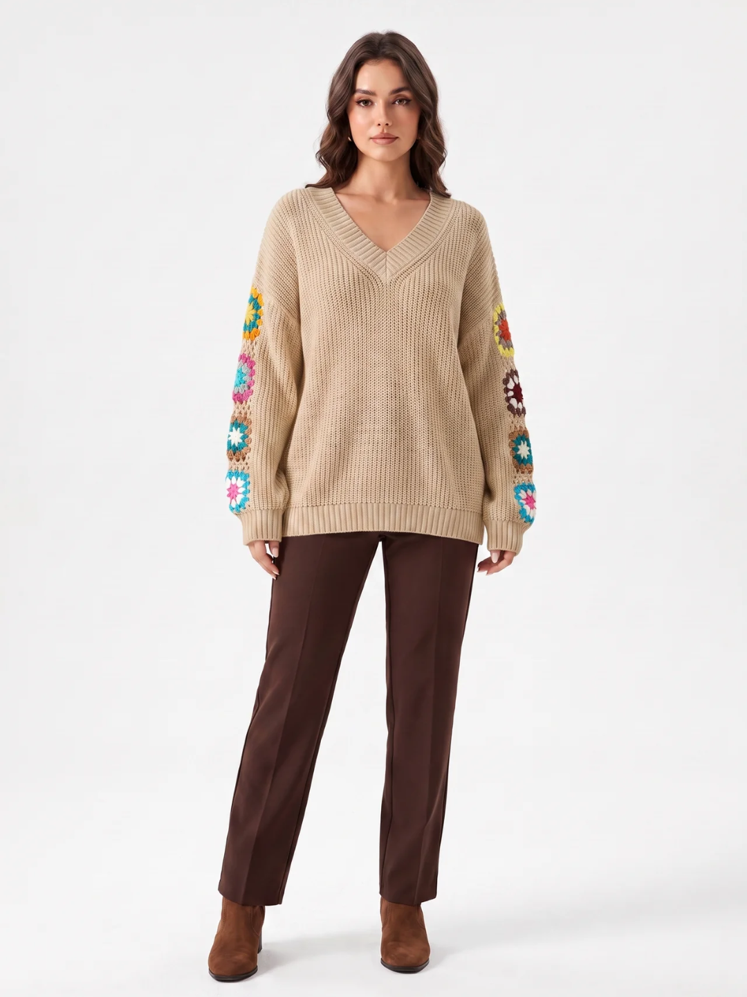 Olivia | Crochet Patchwork V-Neck Jumper, Oversized Autumn Winter Pullover