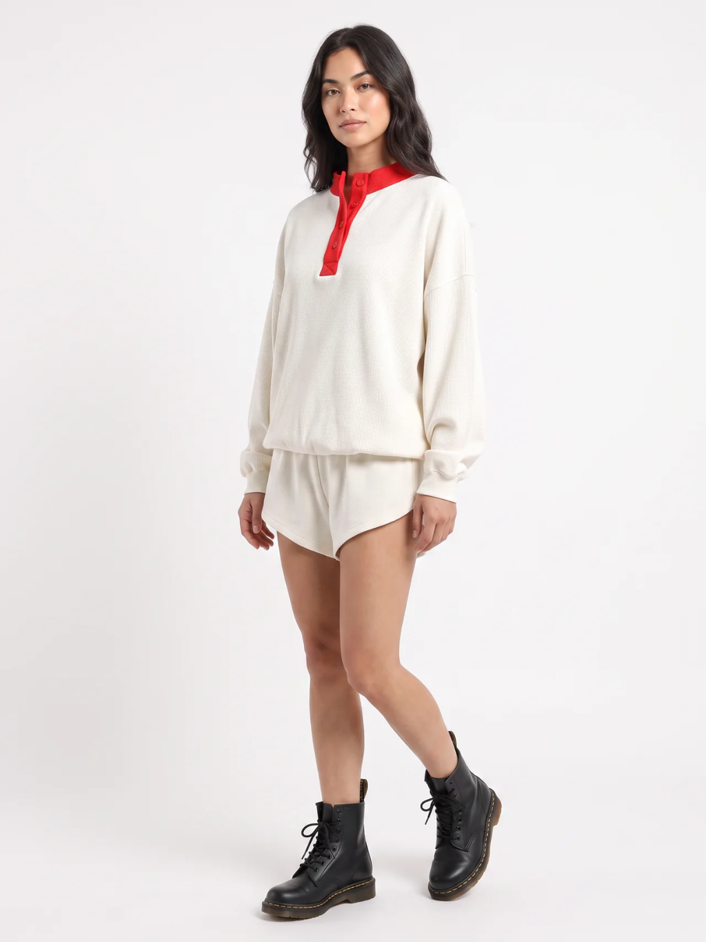 Fenella | Waffle Knit Henley Sweatshirt, Contrast Collar Oversized Top