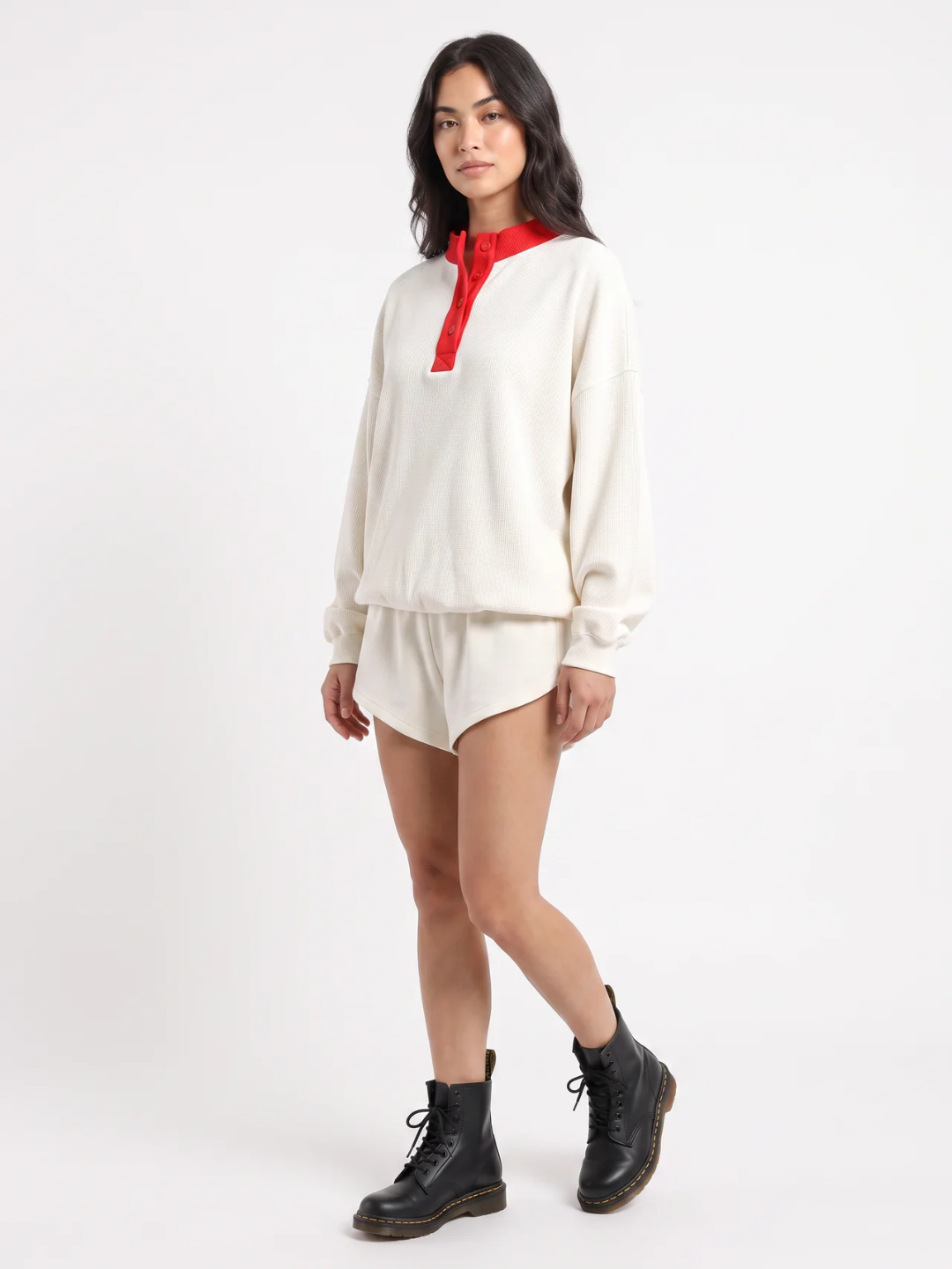 Fenella | Waffle Knit Henley Sweatshirt, Contrast Collar Oversized Top