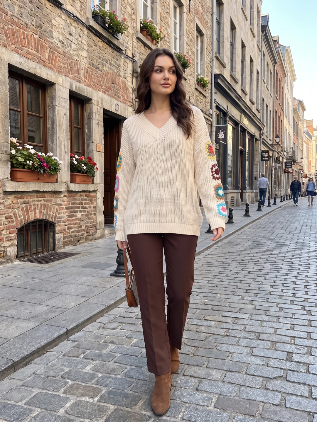 Olivia | Crochet Patchwork V-Neck Jumper, Oversized Autumn Winter Pullover