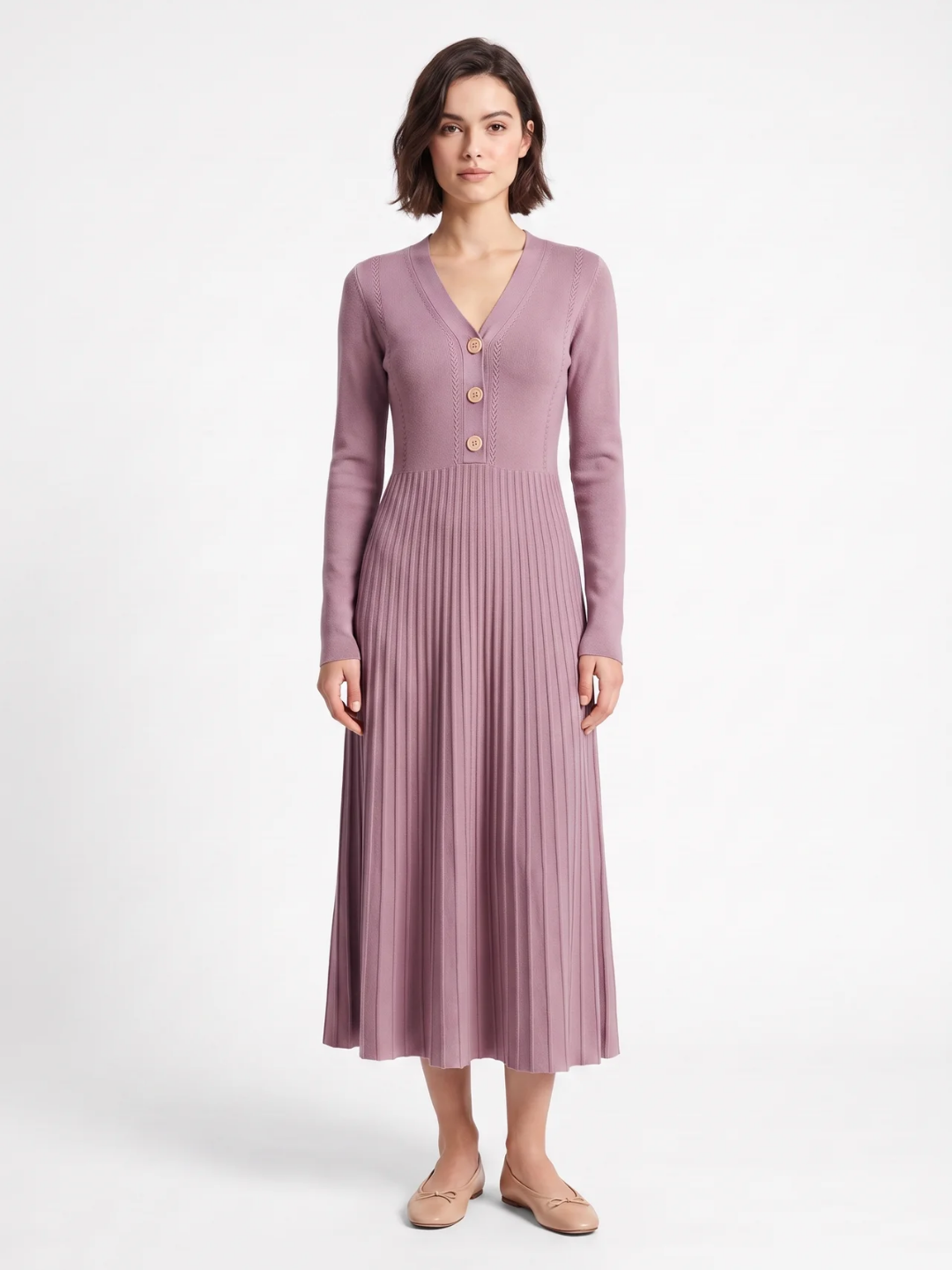 Martha | Ribbed Knit Maxi Dress, Button Front V-Neck Winter Jumper Dress