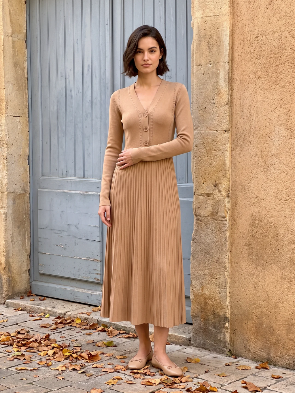 Martha | Ribbed Knit Maxi Dress, Button Front V-Neck Winter Jumper Dress