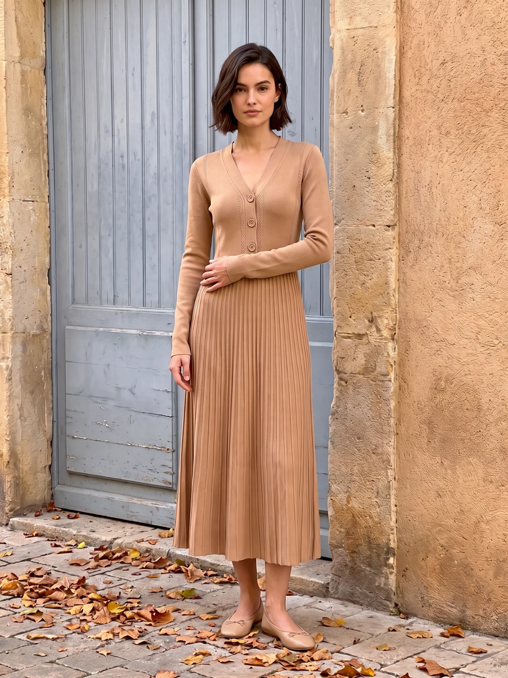 Martha | Ribbed Knit Maxi Dress, Button Front V-Neck Winter Jumper Dress