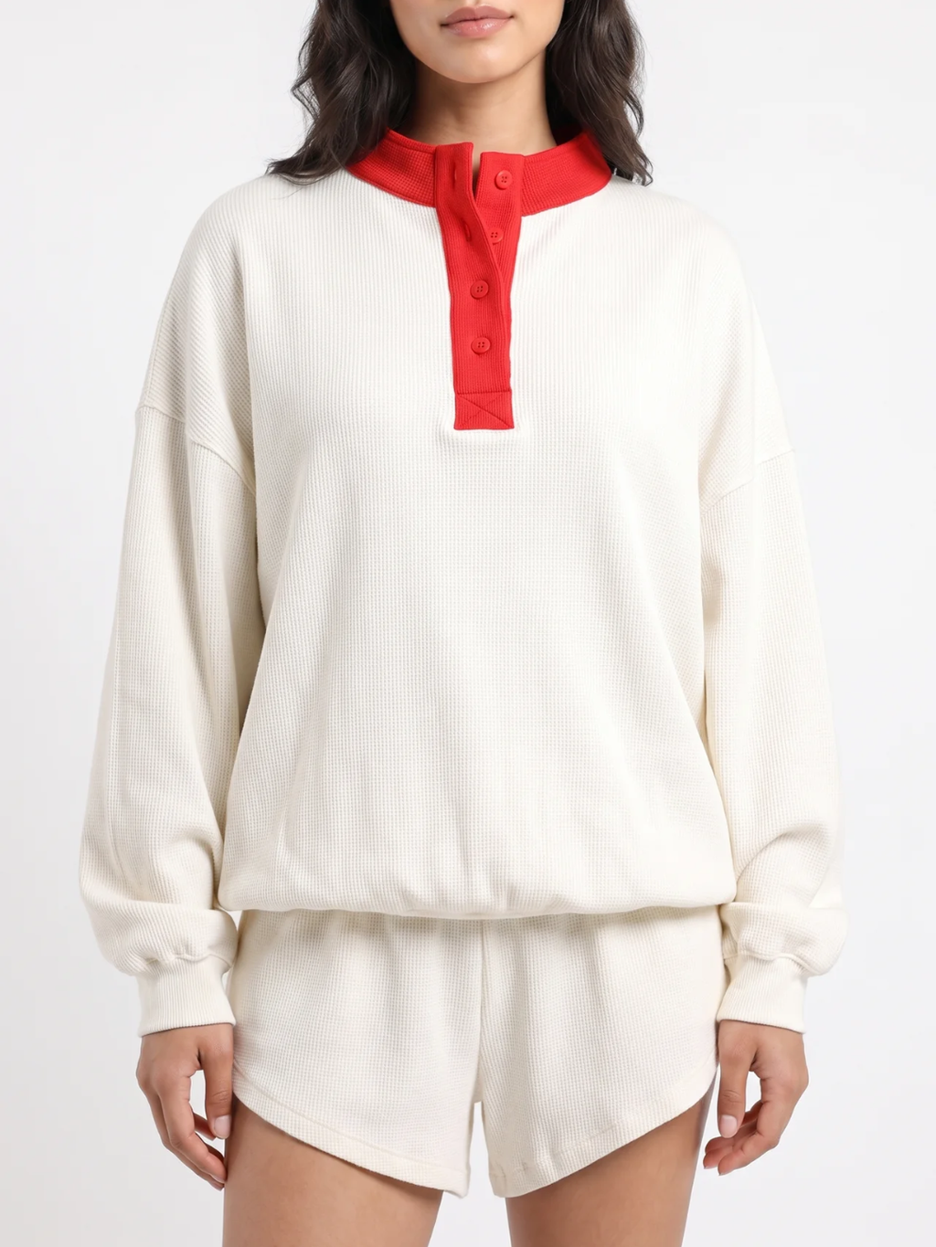 Fenella | Waffle Knit Henley Sweatshirt, Contrast Collar Oversized Top