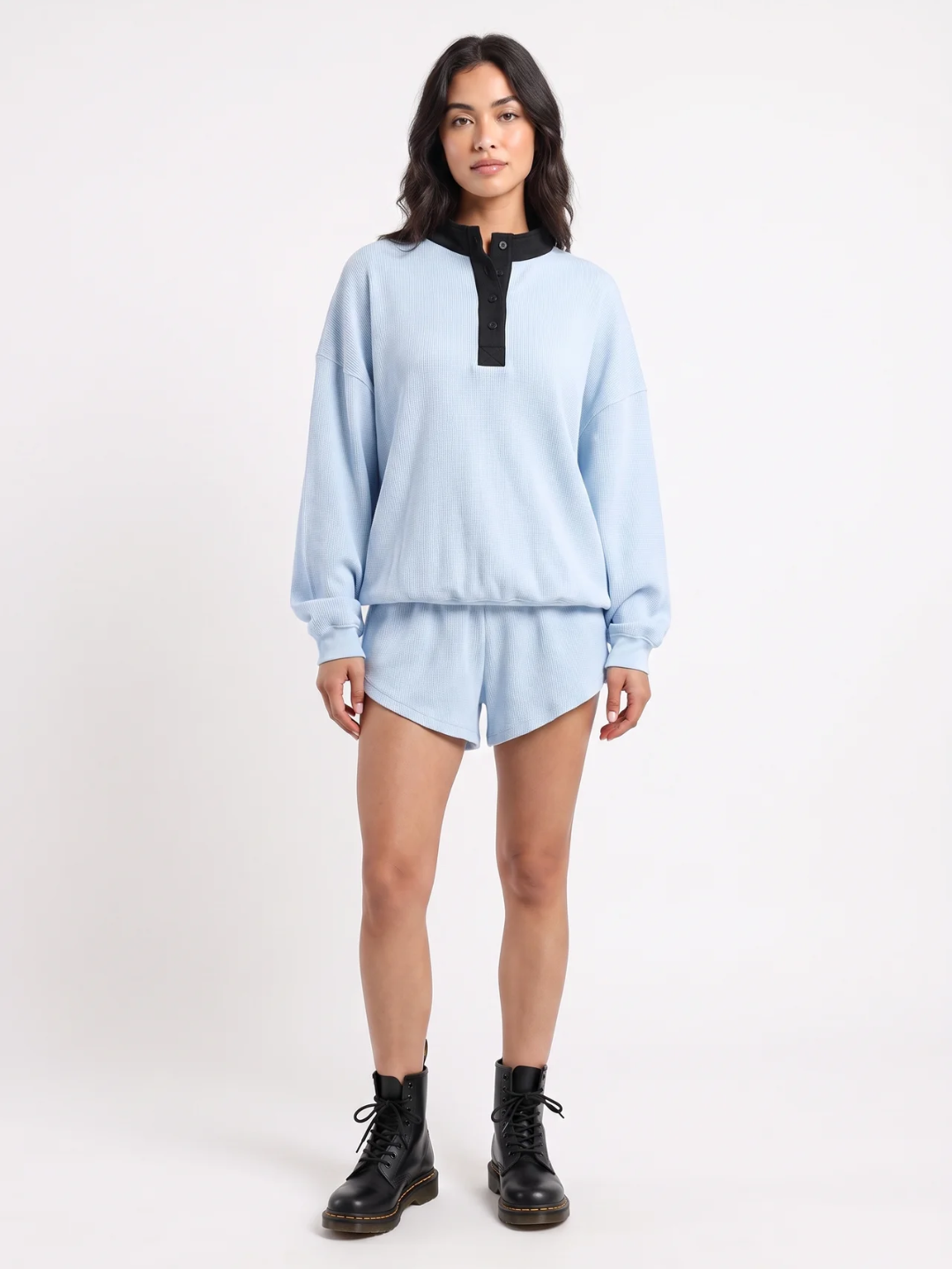 Fenella | Waffle Knit Henley Sweatshirt, Contrast Collar Oversized Top