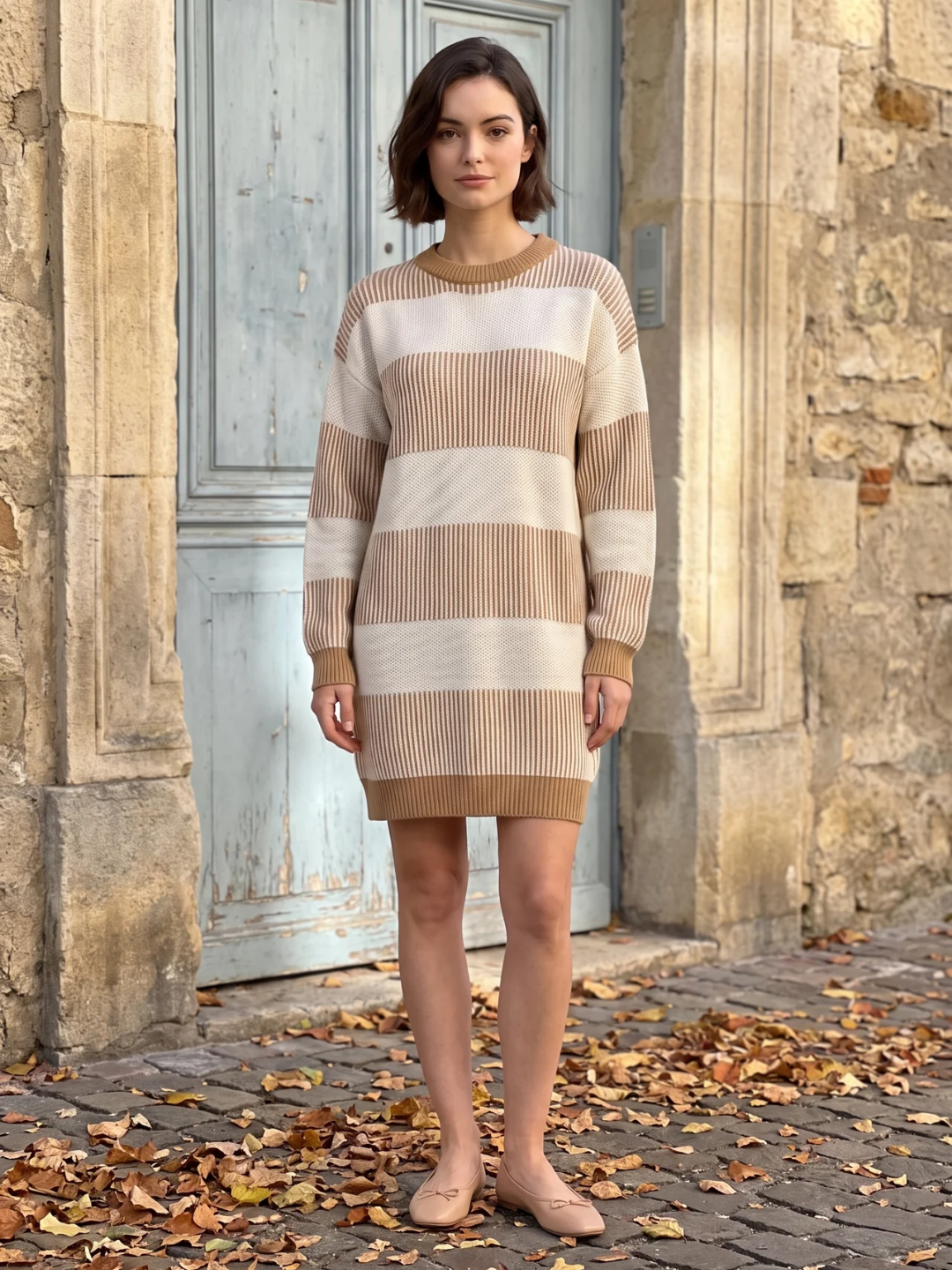 Edith | Striped Knit Mini Jumper Dress, Long Sleeve Winter Sweater Dress
