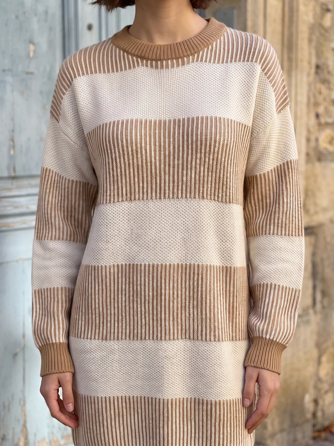 Edith | Striped Knit Mini Jumper Dress, Long Sleeve Winter Sweater Dress