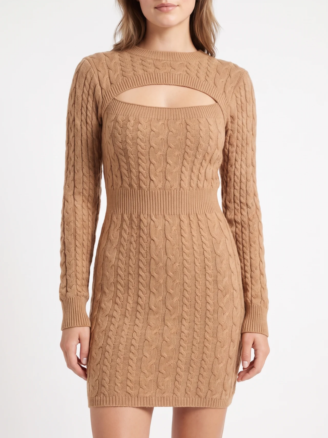 Mabel | Cable Knit Bodycon Mini Dress, Cut-Out Long Sleeve Winter Dress