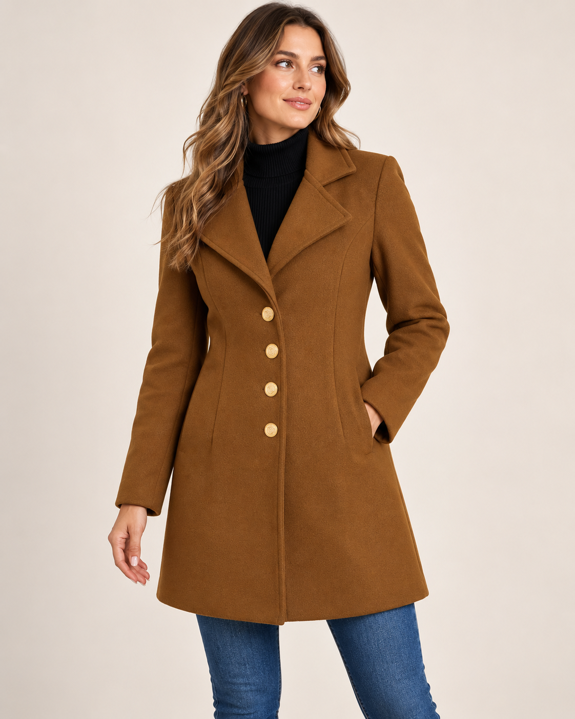 Genevieve | Sophisticated Wool Blend Coat for Women with Gold Buttons & Wide Collar