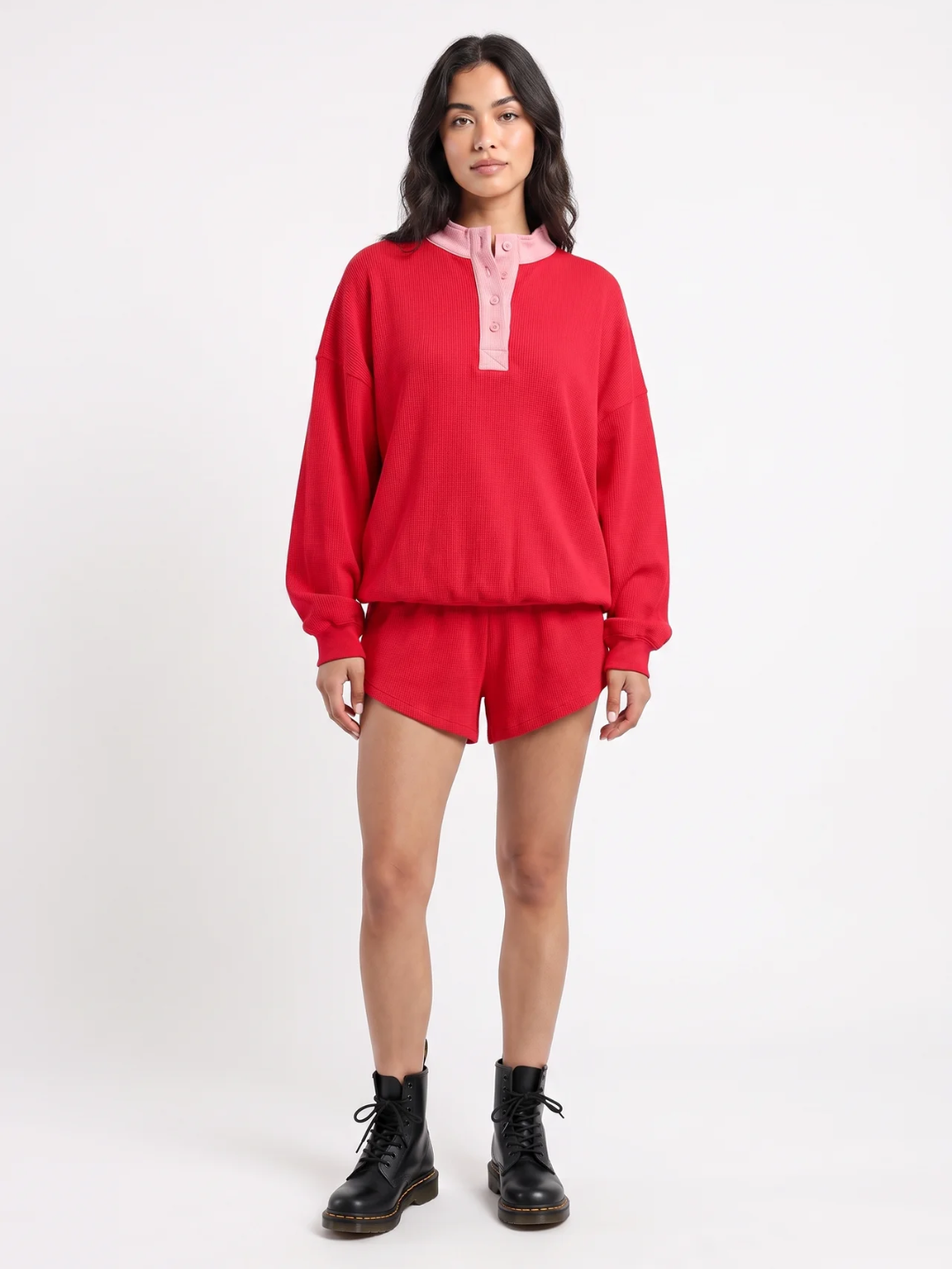 Fenella | Waffle Knit Henley Sweatshirt, Contrast Collar Oversized Top
