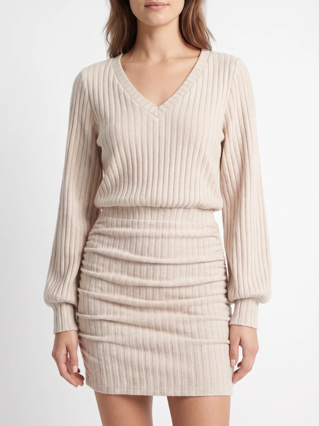 Agnes | Ribbed Bodycon Mini Dress, V-Neck Ruched Winter Sweater Dress
