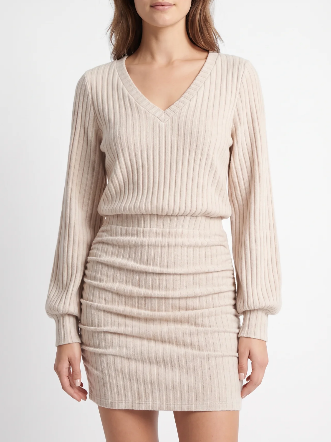 Agnes | Ribbed Bodycon Mini Dress, V-Neck Ruched Winter Sweater Dress