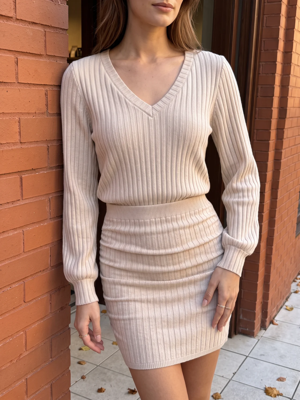 Agnes | Ribbed Bodycon Mini Dress, V-Neck Ruched Winter Sweater Dress