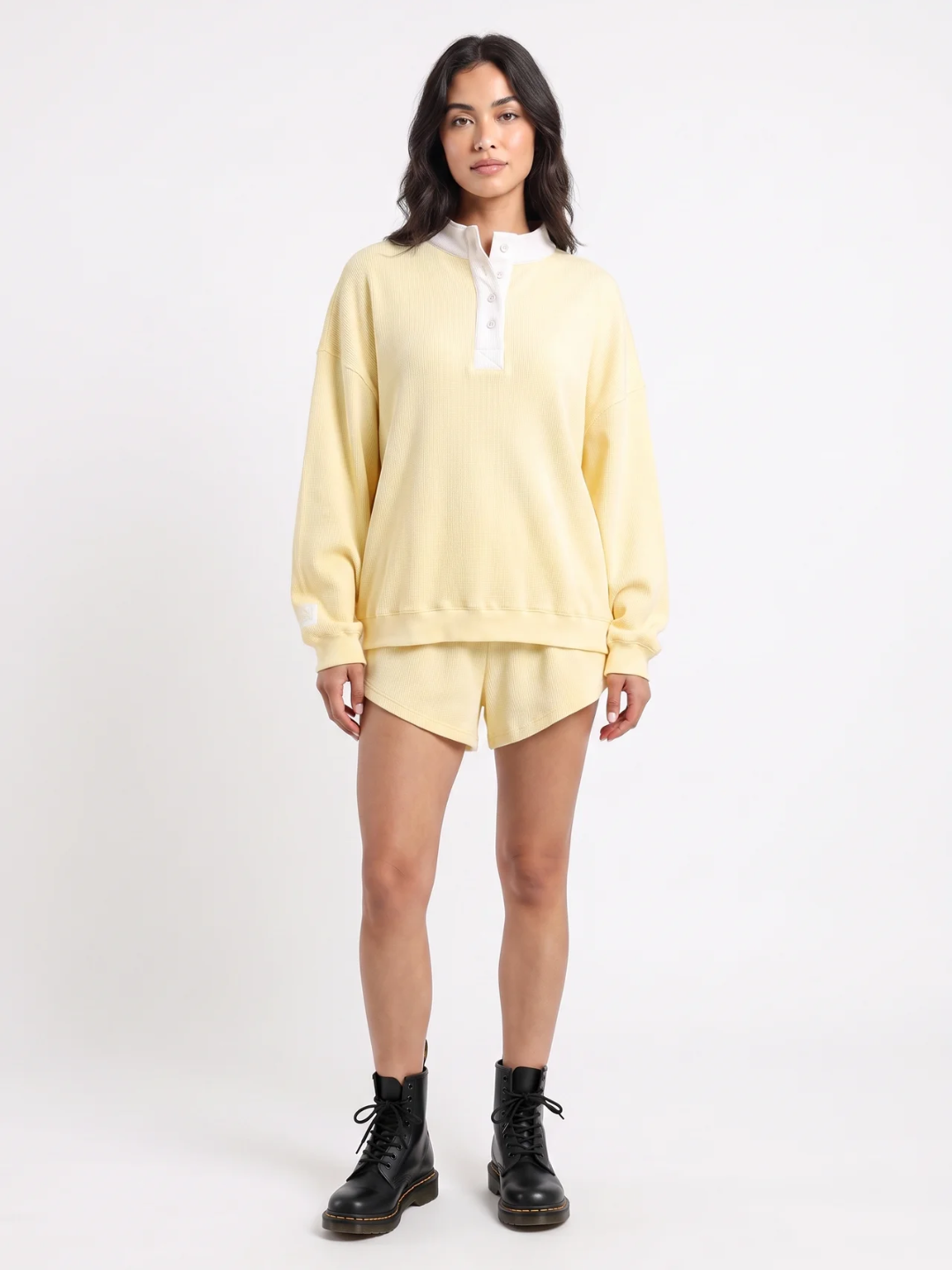 Fenella | Waffle Knit Henley Sweatshirt, Contrast Collar Oversized Top