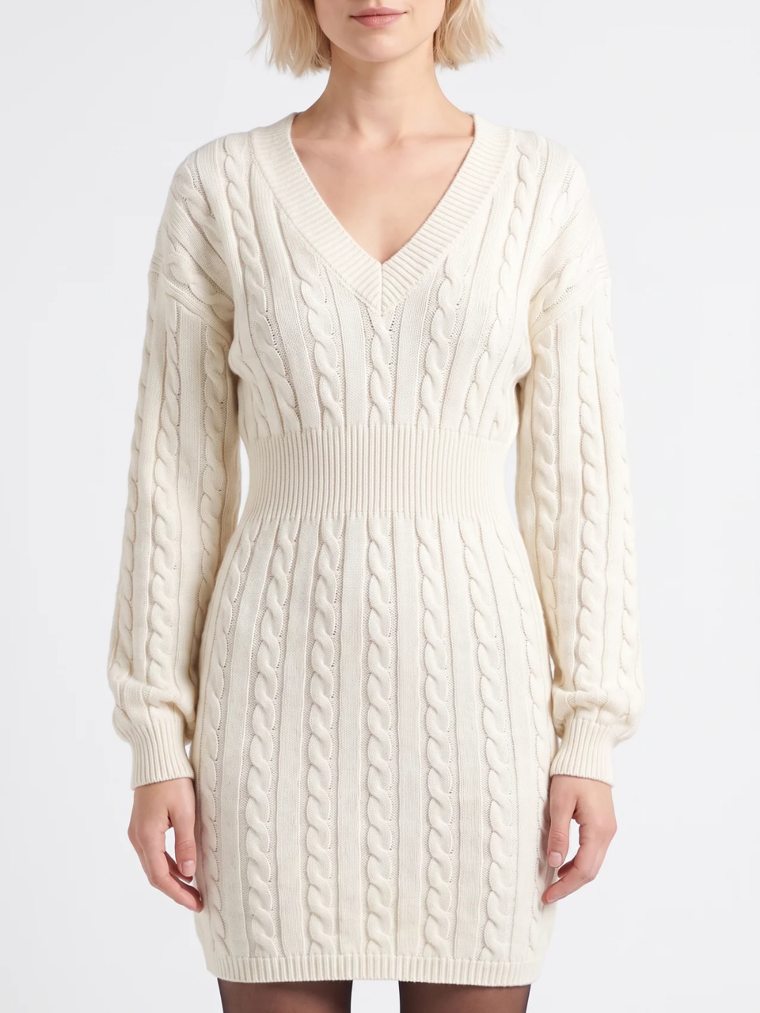 Cordelia | Cable Knit Bodycon Mini Dress, V-Neck Shirred Waist Winter Dress