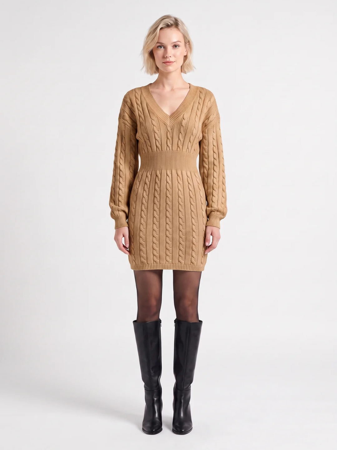 Cordelia | Cable Knit Bodycon Mini Dress, V-Neck Shirred Waist Winter Dress