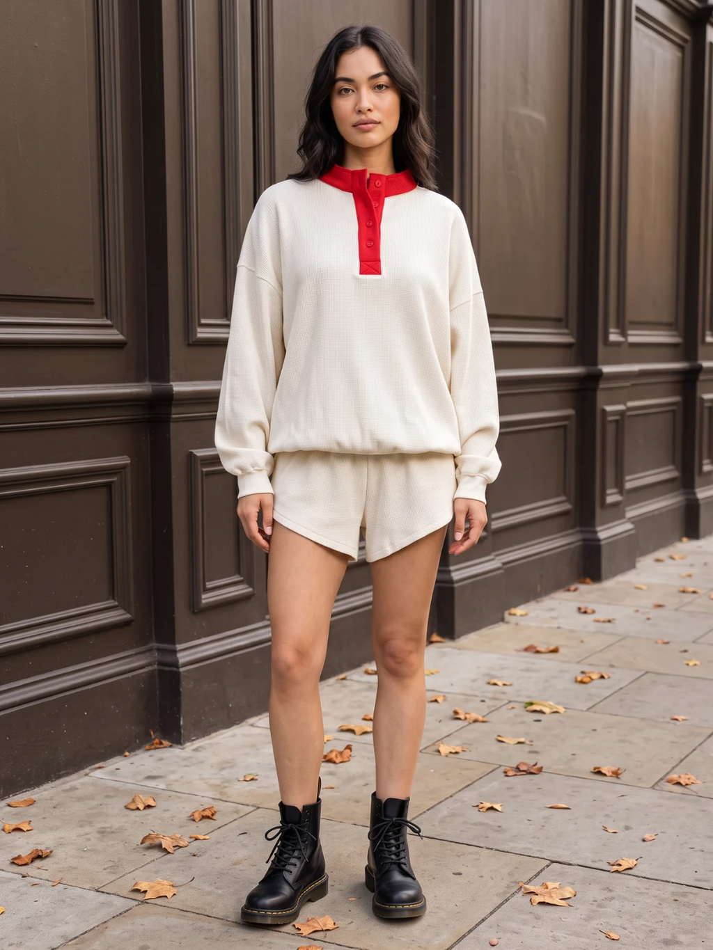 Fenella | Waffle Knit Henley Sweatshirt, Contrast Collar Oversized Top