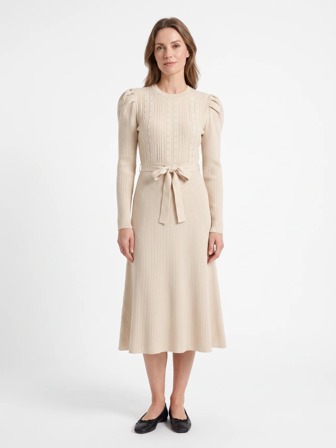 Hermione | Cable Knit Midi Dress, Tie Waist Fit and Flare Winter Sweater Dress