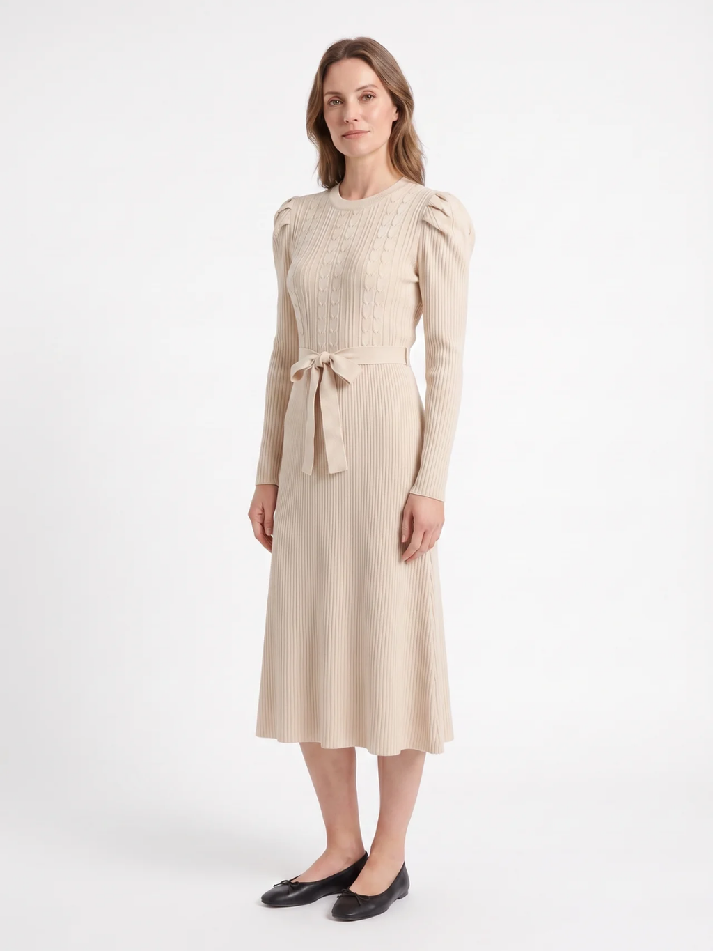 Hermione | Cable Knit Midi Dress, Tie Waist Fit and Flare Winter Sweater Dress