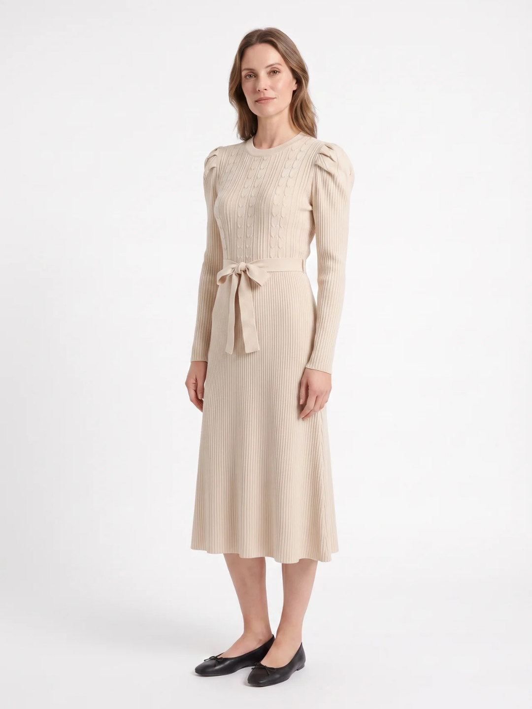 Hermione | Cable Knit Midi Dress, Tie Waist Fit and Flare Winter Sweater Dress