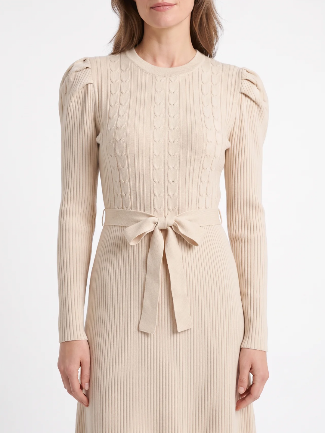 Hermione | Cable Knit Midi Dress, Tie Waist Fit and Flare Winter Sweater Dress
