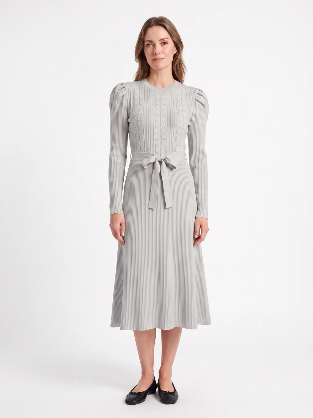 Hermione | Cable Knit Midi Dress, Tie Waist Fit and Flare Winter Sweater Dress