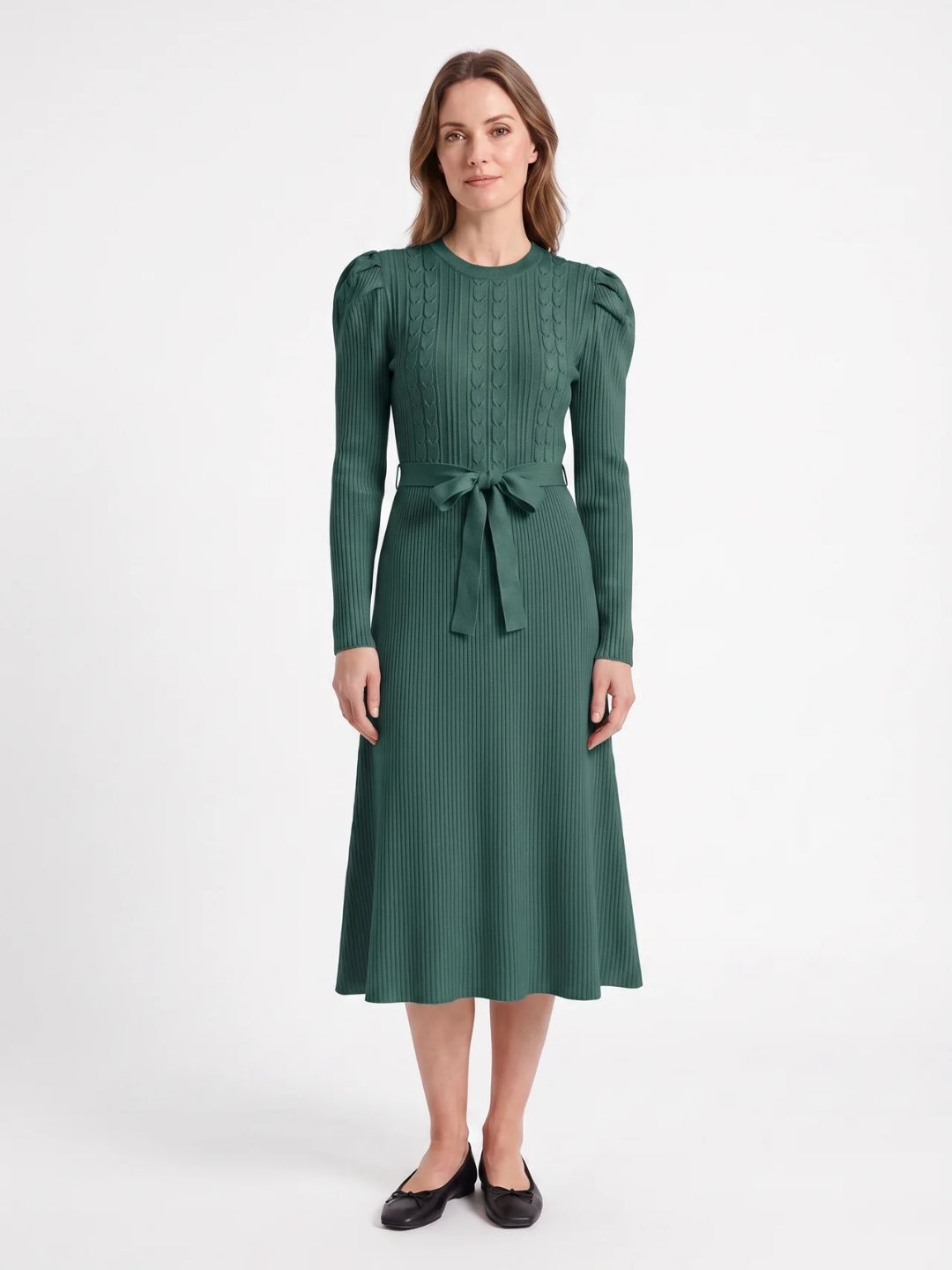 Hermione | Cable Knit Midi Dress, Tie Waist Fit and Flare Winter Sweater Dress