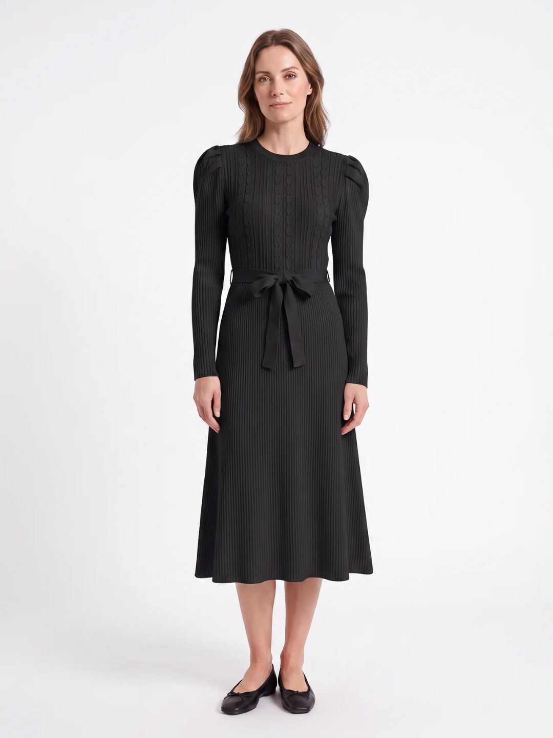Hermione | Cable Knit Midi Dress, Tie Waist Fit and Flare Winter Sweater Dress