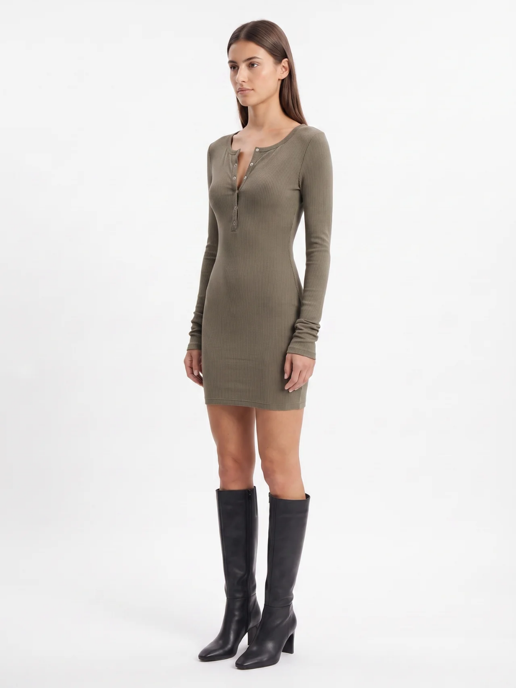 Clementine | Ribbed Bodycon Mini Dress, Popper Placket Long Sleeve Winter Dress