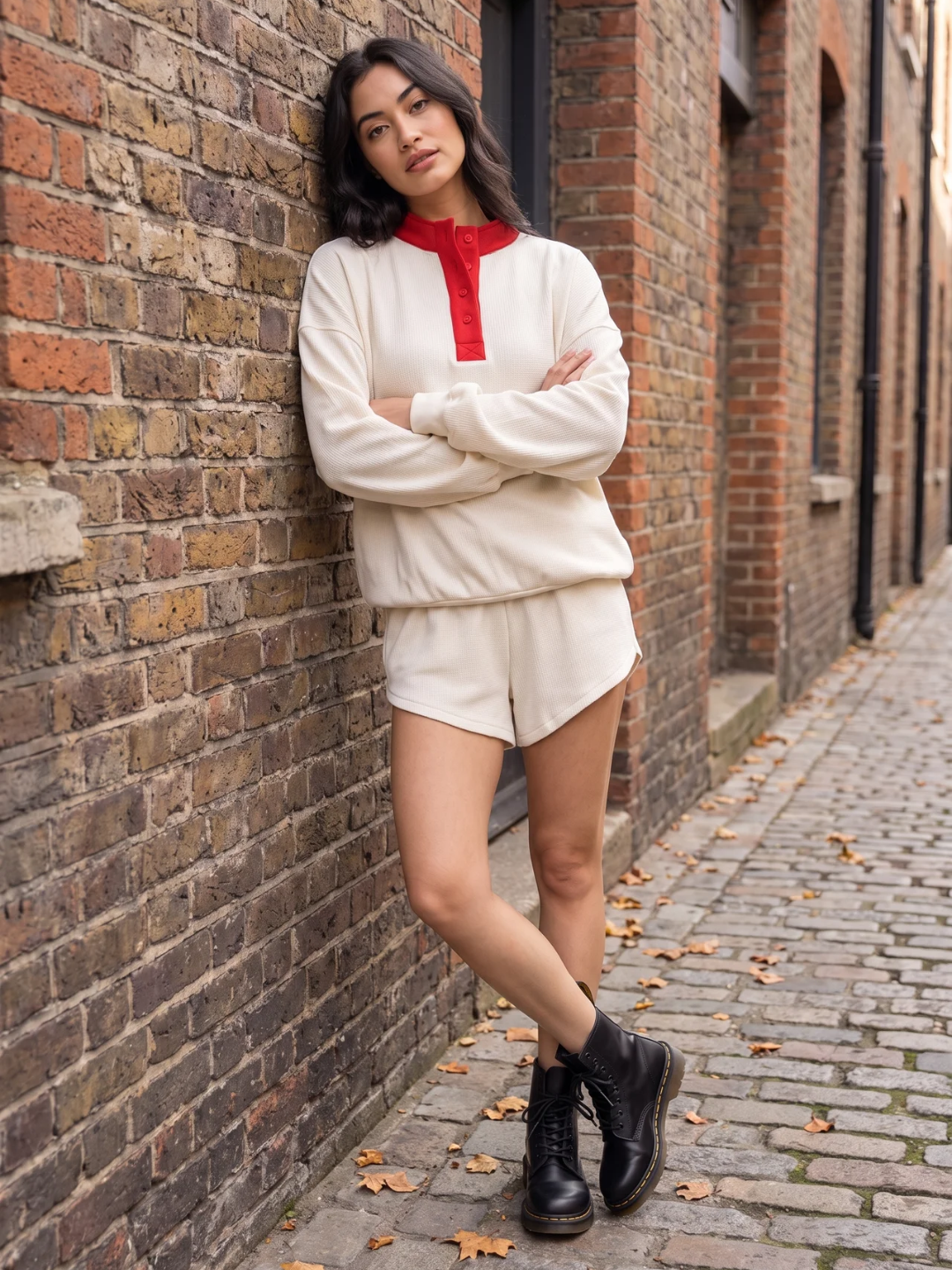 Fenella | Waffle Knit Henley Sweatshirt, Contrast Collar Oversized Top