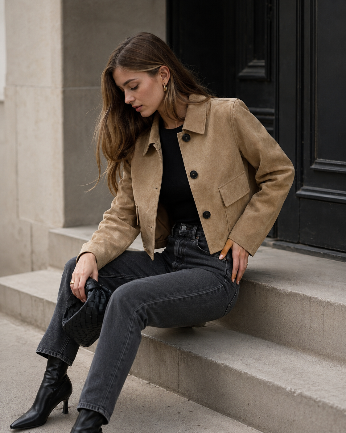 Fenella – Modern Camel Suede chic cut beige Jacket with Front Pockets
