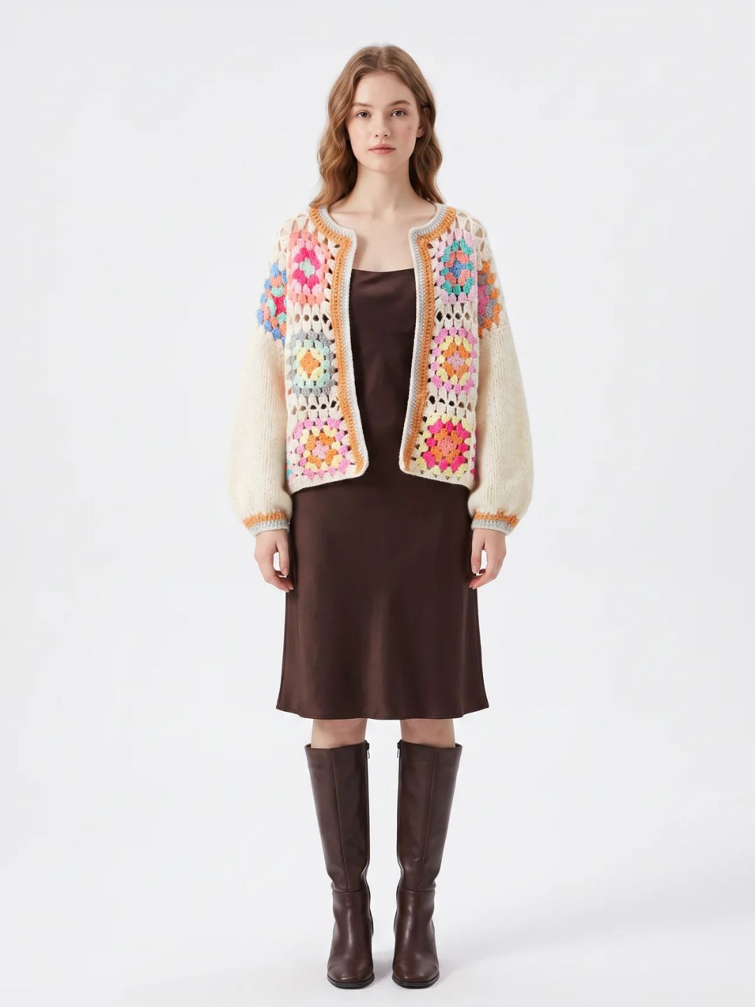 Millicent | Crochet Granny Square Cardigan, Cropped Open Front Knitwear
