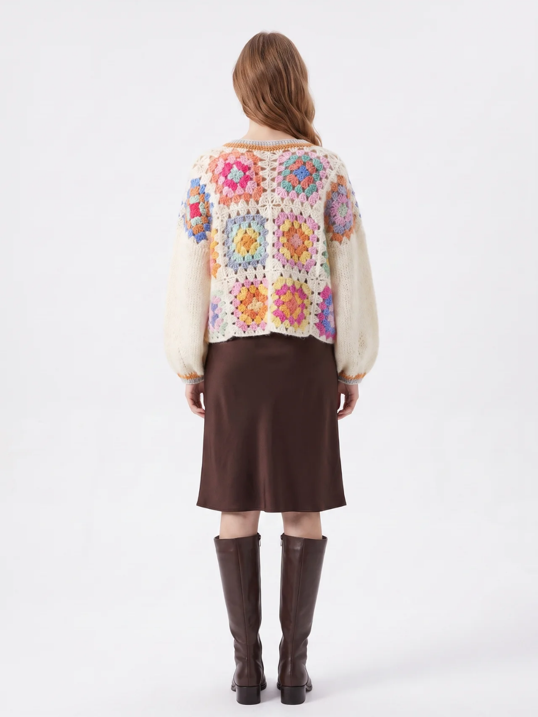 Millicent | Crochet Granny Square Cardigan, Cropped Open Front Knitwear