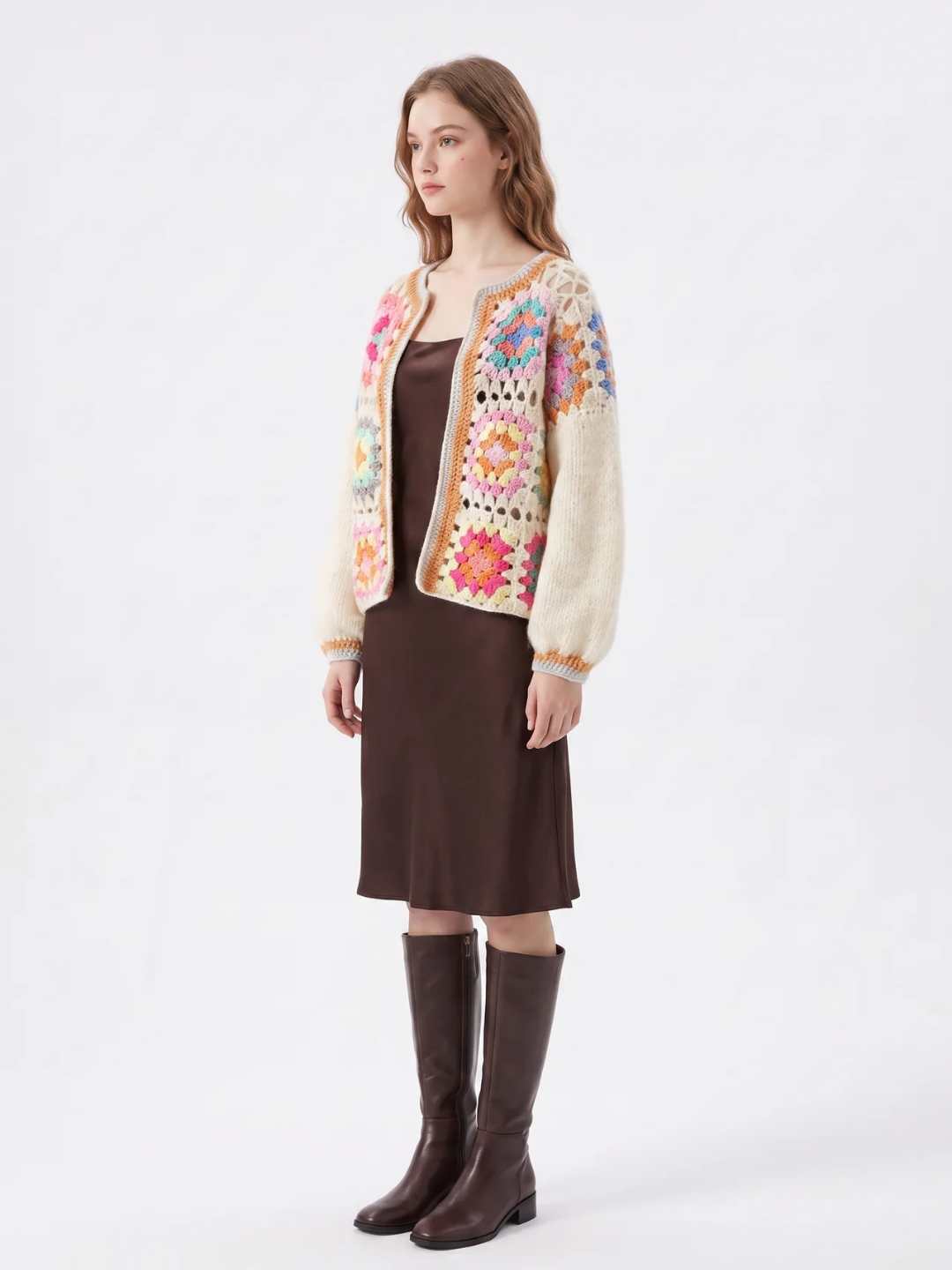 Millicent | Crochet Granny Square Cardigan, Cropped Open Front Knitwear