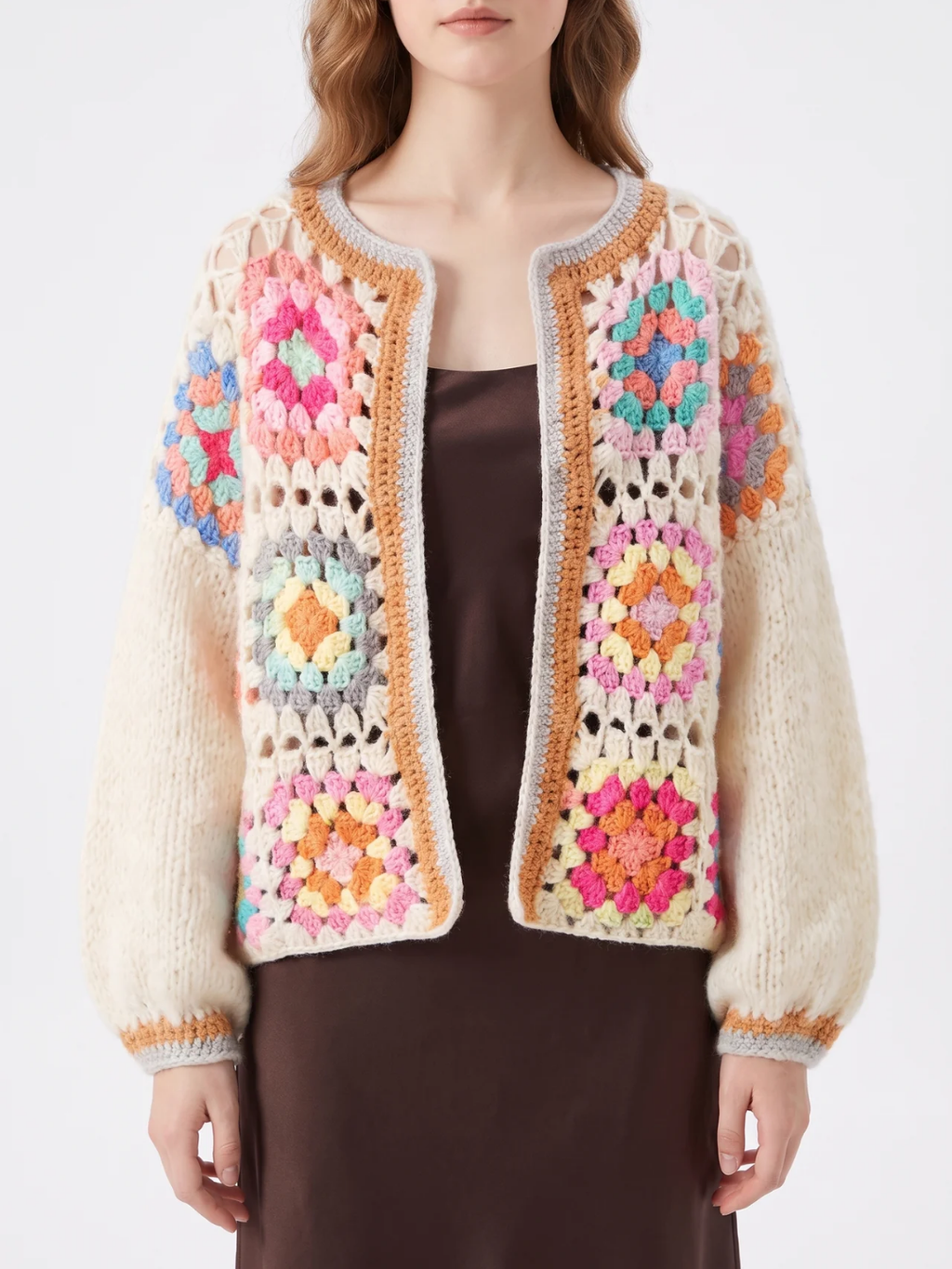 Millicent | Crochet Granny Square Cardigan, Cropped Open Front Knitwear