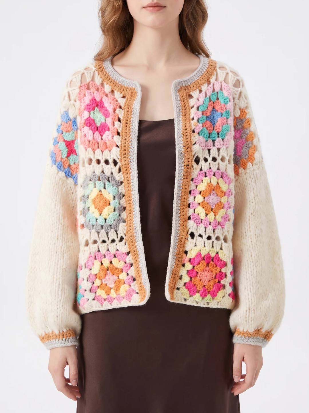 Millicent | Crochet Granny Square Cardigan, Cropped Open Front Knitwear