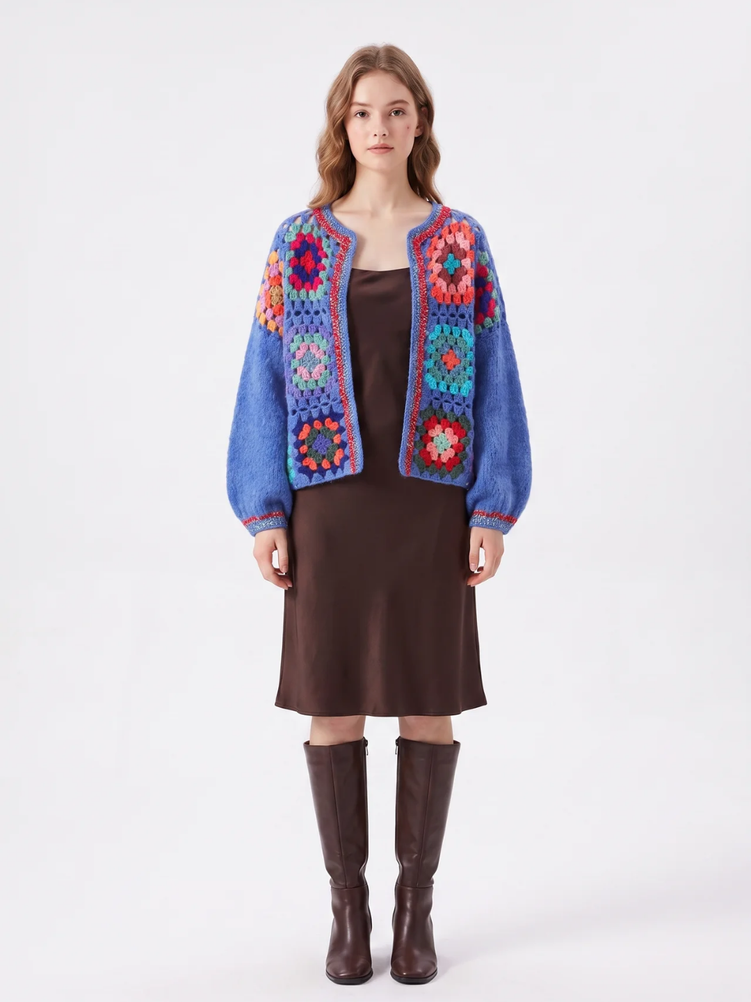 Millicent | Crochet Granny Square Cardigan, Cropped Open Front Knitwear