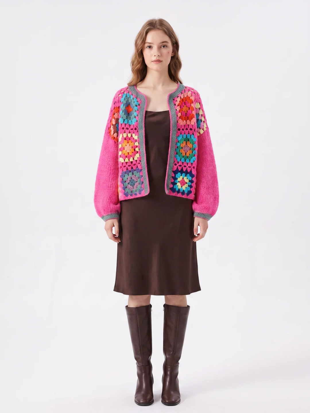 Millicent | Crochet Granny Square Cardigan, Cropped Open Front Knitwear