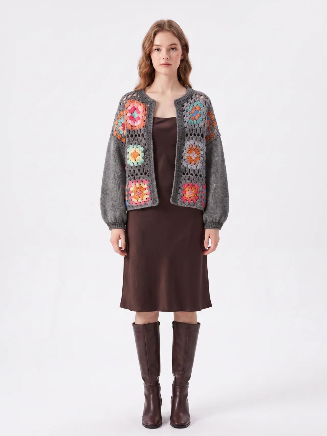 Millicent | Crochet Granny Square Cardigan, Cropped Open Front Knitwear